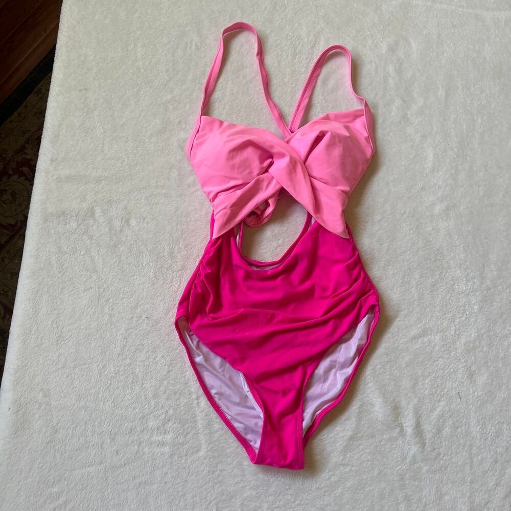 Two tone Pink one piece swimsuit cutout detail cross straps tie back women small